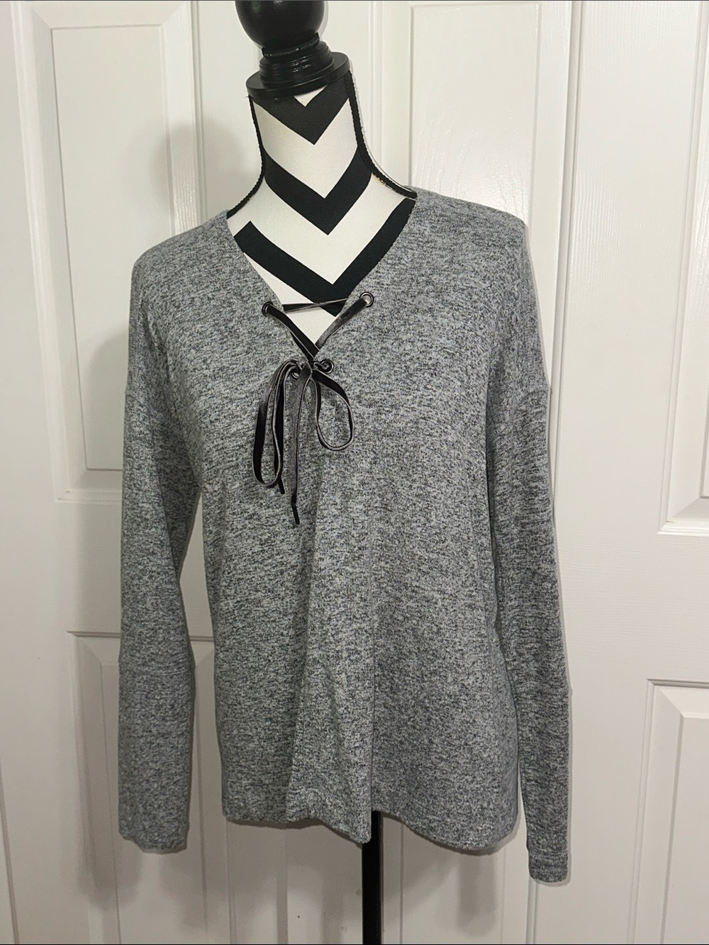 Rails Grey Lace-Up V-Neck Knit Top